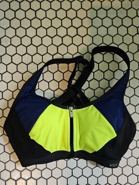 Victoria's Secret Neon Yellow, Navy & Black Front-Zip Sport Bra